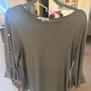 Green Envelope Olive Blouse with Button Sleeve Detail